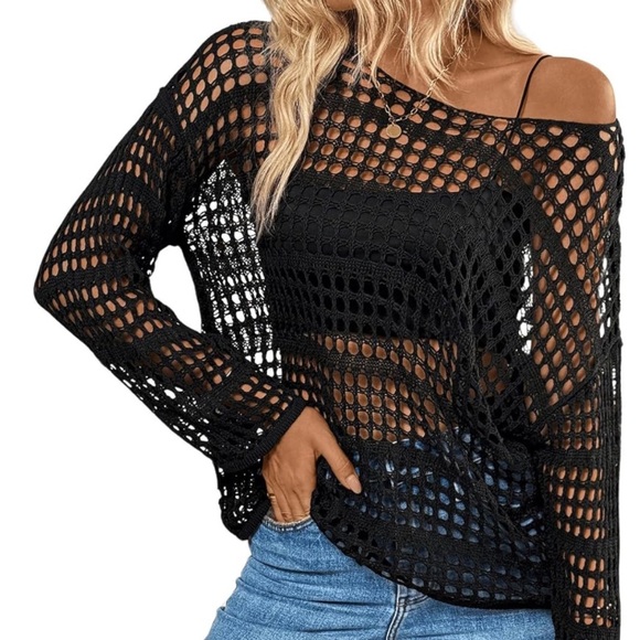 NWT Women's Scoop Neck, Long Sleeve, Crochet Knitted Top - Picture 2 of 6